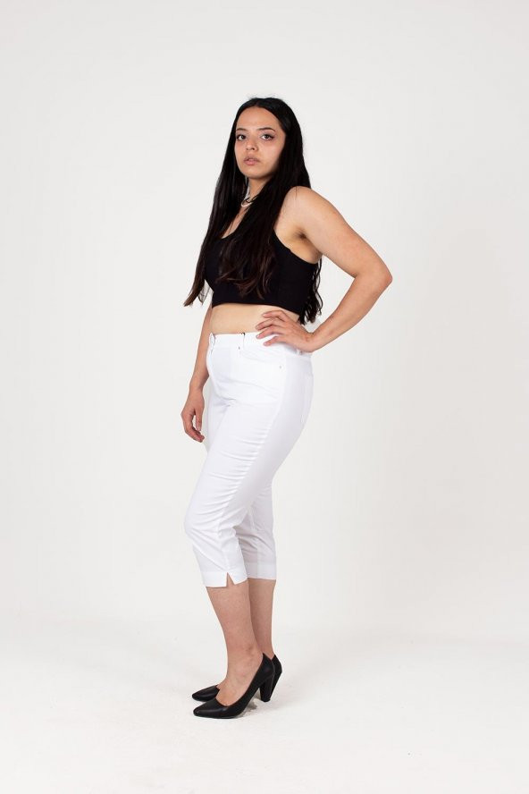 Truva Xxl Büyük Beden Kadın Giyim Pamuklu Kapri Beyaz Kş052