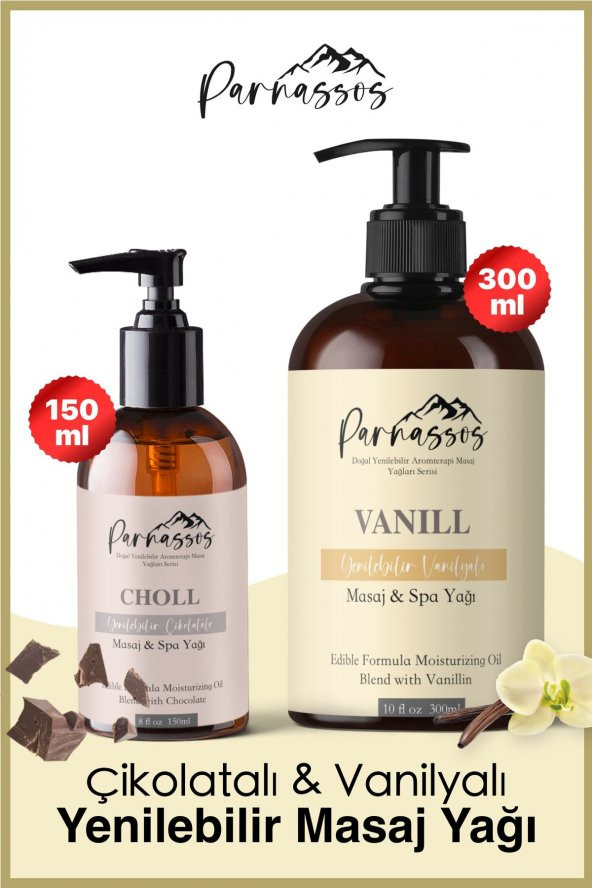 Parnassos 300ml Doğal Vanilya Özlü 150ml Çikolata Aromalı Aromaterapi Masaj Yağı 2li Set