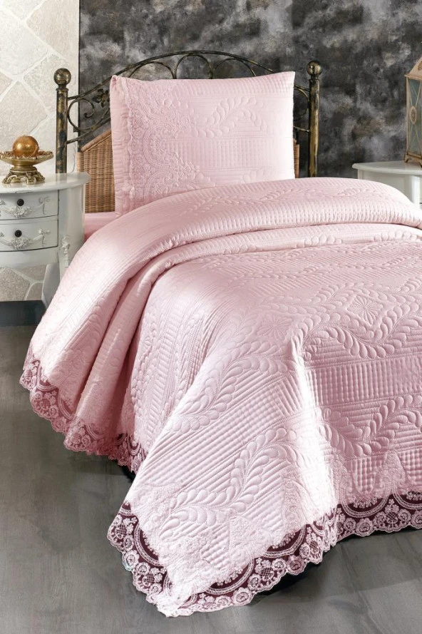Simirna Dantelli Kapitoneli Tek Kişilik Yatak Örtüsü Pudra - Resim 2
