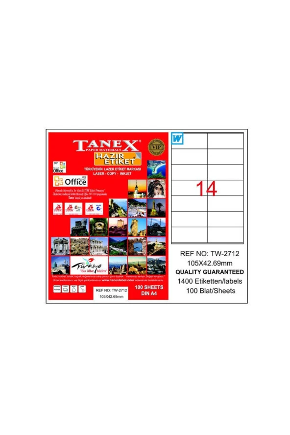 Tanex Lazer Etiket 100 Yaprak 105 x 42.69 Mm Lazer Yazıcı Etiketi