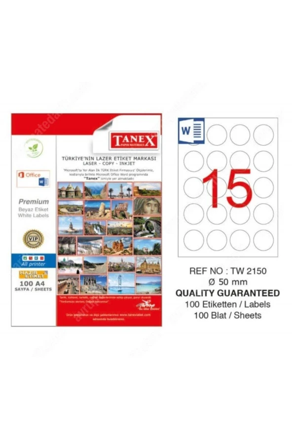 Tanex Lazer Etiket 100 Yaprak 50 MM Yuvarlak Lazer Yazıcı Etiketi