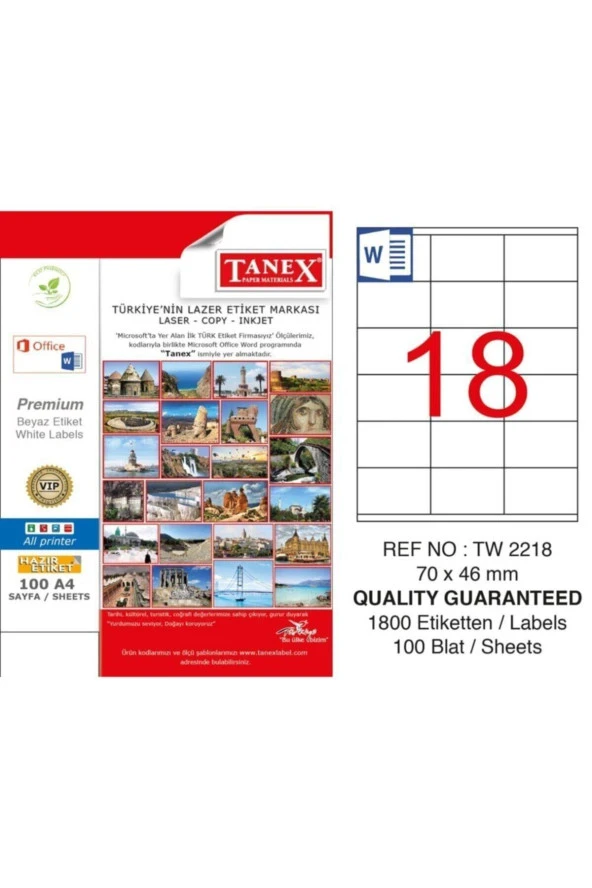 Tanex Lazer Etiket 100 Yaprak 70 x 46 Mm Lazer Yazıcı Etiketi