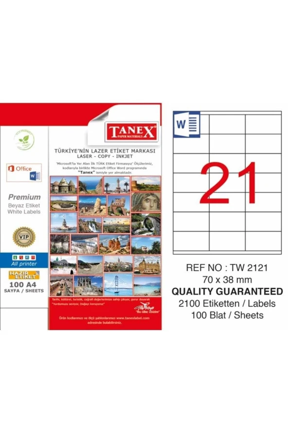 Tanex Lazer Etiket 100 Yaprak 70x38 Mm Lazer Yazıcı Etiketi