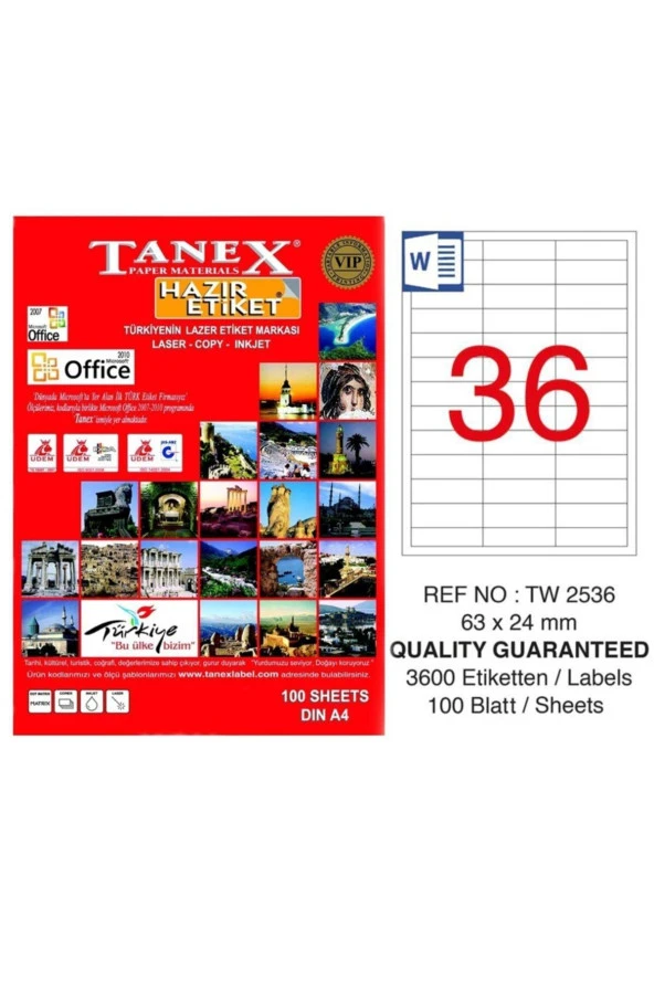 Tanex Lazer Etiket 100 Yaprak 63 x 24 Mm Lazer Yazıcı Etiketi