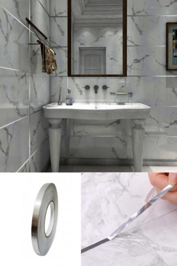 5 Mm- 50 Metre Tuvalet Mutfak Banyo Fayans Mermer Arası Şerit Bant Gümüş Banyo Mutfak Bant