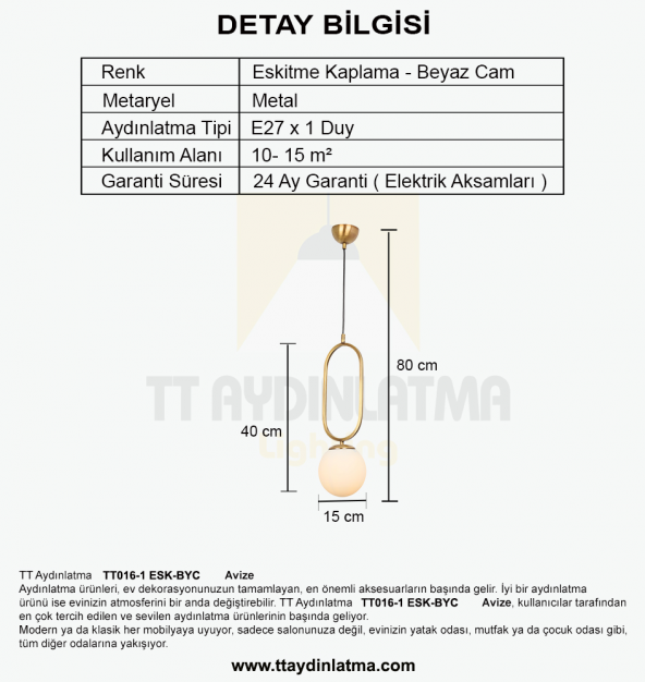 TT Aydınlatma TT016-1 ESK  Eskitme Kaplama Beyaz Camlı Tekli Avize - Resim 3