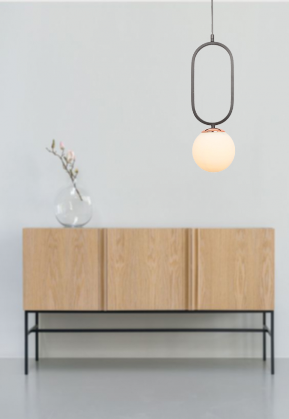 TT Aydınlatma TT016-1 SY  Mat Siyah - Bakır Beyaz Camlı Tekli Avize ürün görseli 1