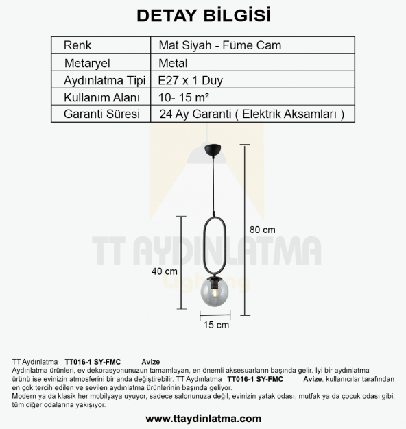TT Aydınlatma TT016-1 SY  Mat Siyah Füme Camlı Tekli Avize - Resim 3