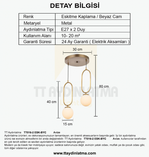 TT Aydınlatma TT016-2 ESK  Eskitme Kaplama Beyaz Camlı 2 li Avize - 3