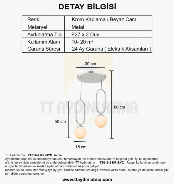TT Aydınlatma TT016-2 KR  Krom Kaplama Beyaz Camlı 2 li Avize - 3