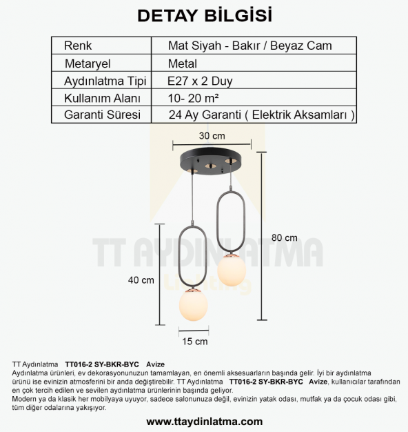 TT Aydınlatma TT016-2 SY  Mat Siyah - Bakır Beyaz Camlı 2 li Avize - 3
