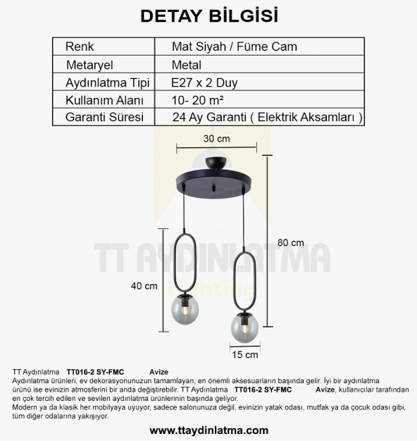 TT Aydınlatma TT016-2 SY  Mat Siyah Füme Camlı 2 li Avize - 3