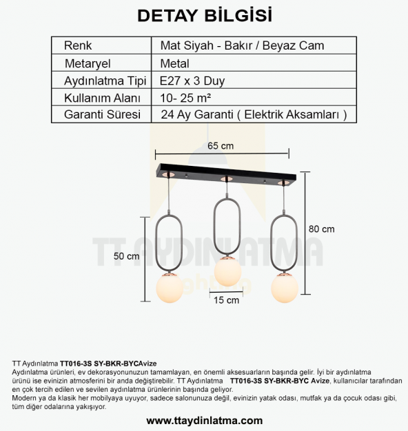 TT Aydınlatma TT016-3S SY  Mat Siyah - Bakır Beyaz Camlı 3 lü Sıralı Avize - 3