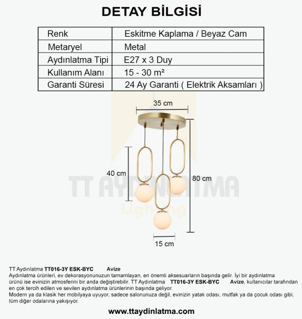 TT Aydınlatma TT016-3Y ESK  Eskitme Kaplama Beyaz Camlı 3 lü Yuvarlak Avize - Resim 3