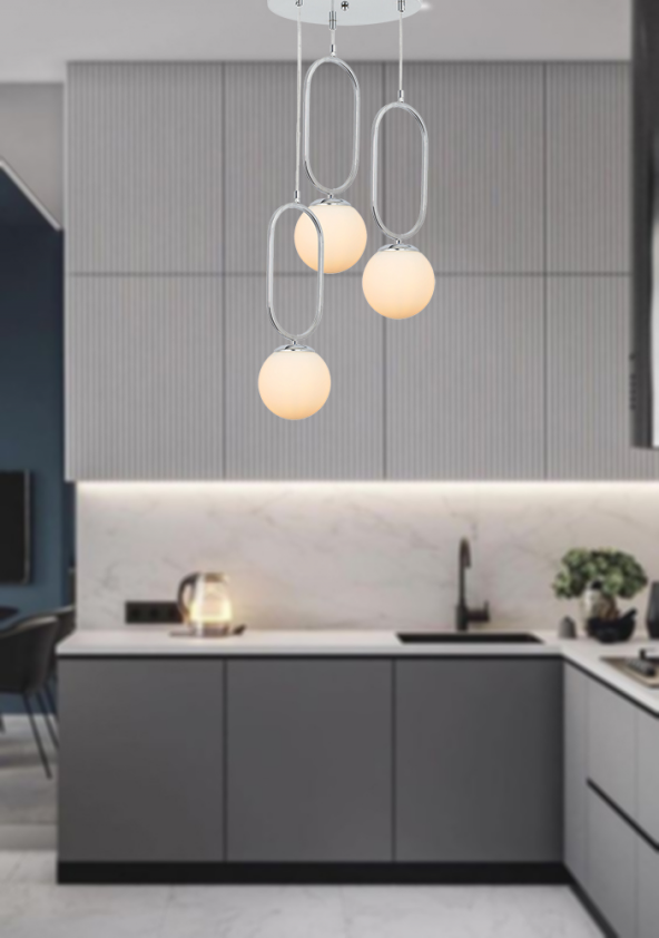 TT Aydınlatma TT016-3Y KR  Krom Kaplama Beyaz Camlı 3 lü Yuvarlak Avize - Resim 2