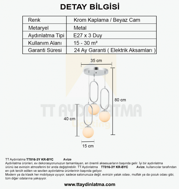TT Aydınlatma TT016-3Y KR  Krom Kaplama Beyaz Camlı 3 lü Yuvarlak Avize - Resim 3