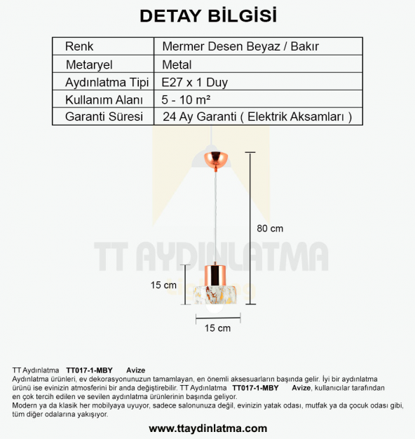 TT Aydınlatma TT017-1-MBY  Mermer Desen Tekli Beyaz Avize - 3