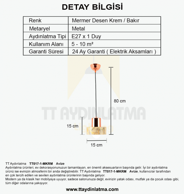 TT Aydınlatma TT017-1-MKRM  Mermer Desen Tekli Krem Avize - Resim 3