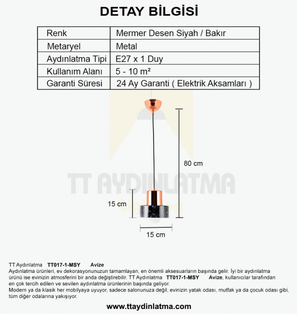 TT Aydınlatma TT017-1-MSY  Mermer Desen Tekli Siyah Avize - 3
