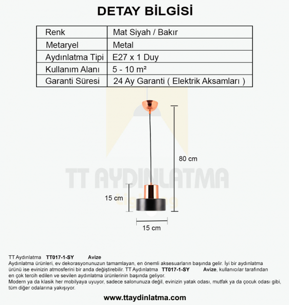 TT Aydınlatma TT017-1-SY  Tekli Siyah Avize - 3