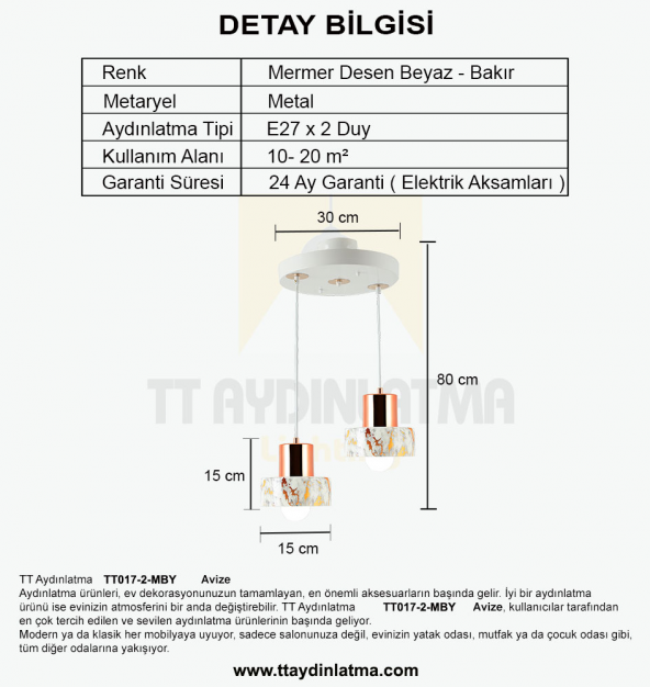 TT Aydınlatma TT017-2-MBY  Mermer Desen 2 li Beyaz Avize - 3