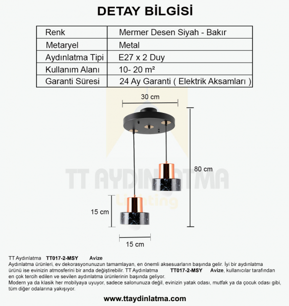 TT Aydınlatma TT017-2-MSY  Mermer Desen 2 li Siyah Avize - 3