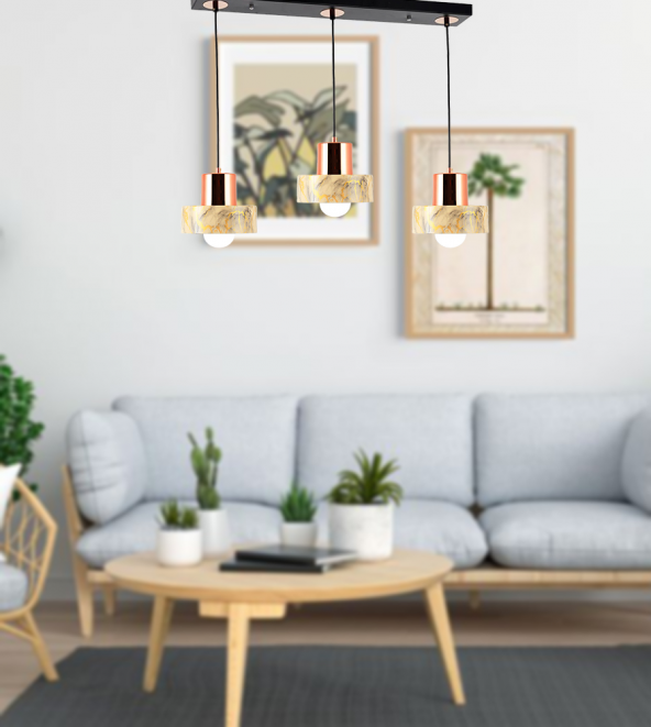 TT Aydınlatma TT017-3S-MKRM  Mermer Desen 3 lü Sıralı Krem Avize ürün görseli 1