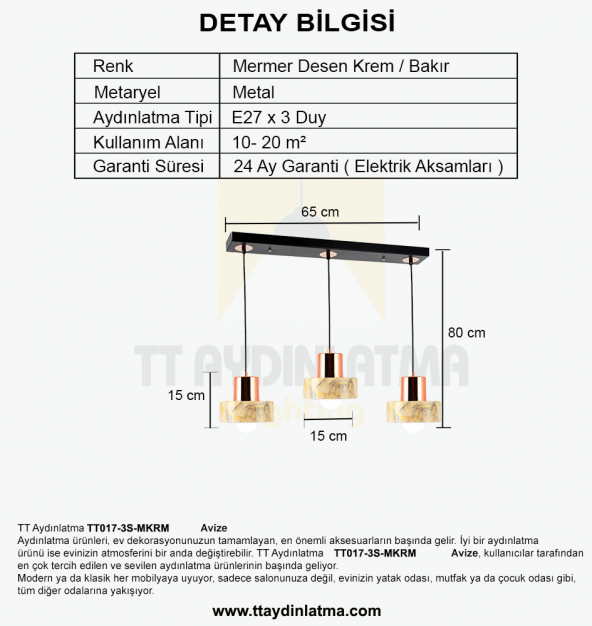 TT Aydınlatma TT017-3S-MKRM  Mermer Desen 3 lü Sıralı Krem Avize - Resim 3