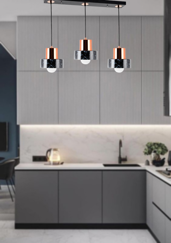 TT Aydınlatma TT017-3S-MSY  Mermer Desen 3 lü Sıralı Siyah Avize ürün görseli 1