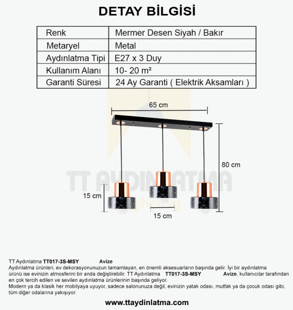 TT Aydınlatma TT017-3S-MSY  Mermer Desen 3 lü Sıralı Siyah Avize - Resim 3