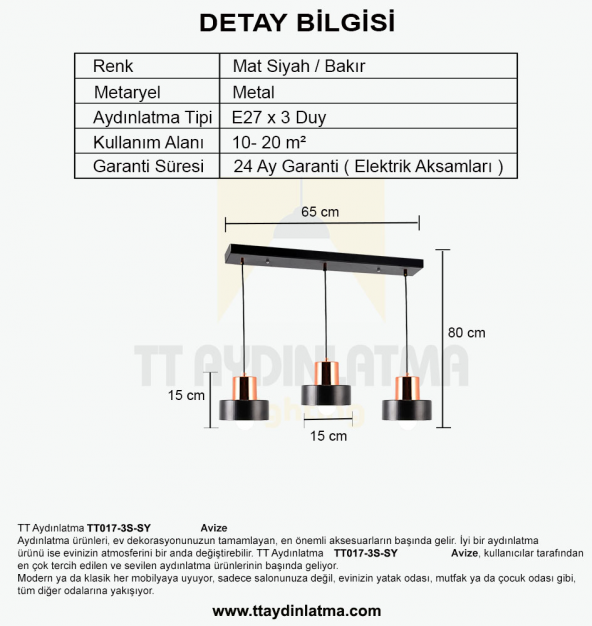 TT Aydınlatma TT017-3S-SY  Mat Siyah 3 lü Sıralı Avize - Resim 3