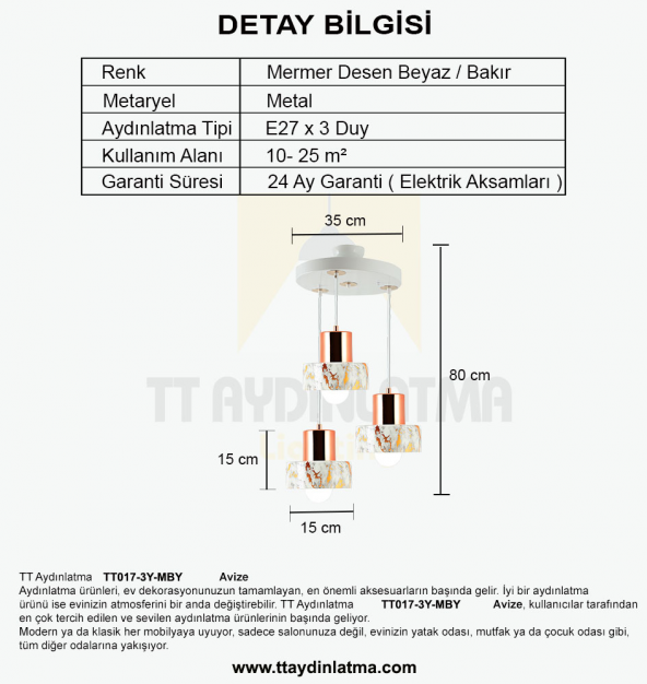 TT Aydınlatma TT017-3Y-MBY  Mermer Desen 3 lü Yuvarlak Beyaz Avize - 3