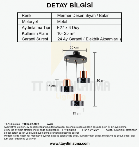 TT Aydınlatma TT017-3Y-MSY  Mermer Desen 3 lü Yuvarlak Siyah Avize - 3