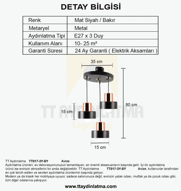 TT Aydınlatma TT017-3Y-SY  Mat Siyah 3 lü Avize - Resim 3