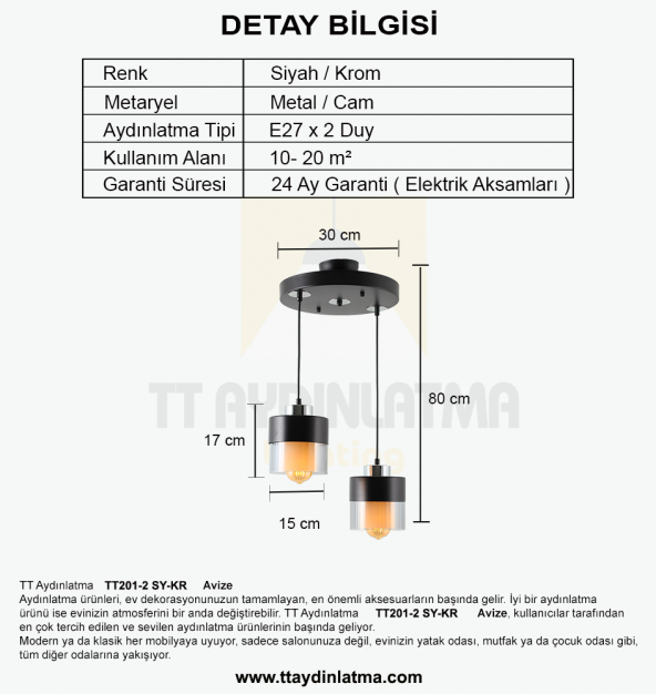 TT Aydınlatma TT201-2-SY  Siyah-Krom 2 li Avize - 3