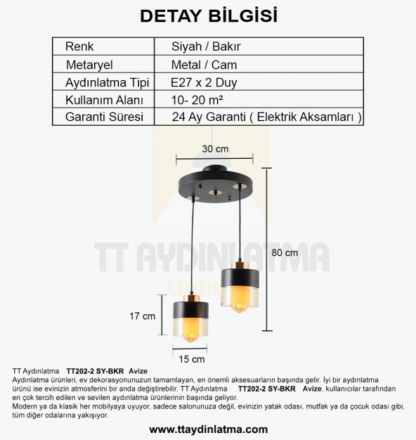 TT Aydınlatma TT202-2-SY  Siyah-Bakır 2 li Avize - 3