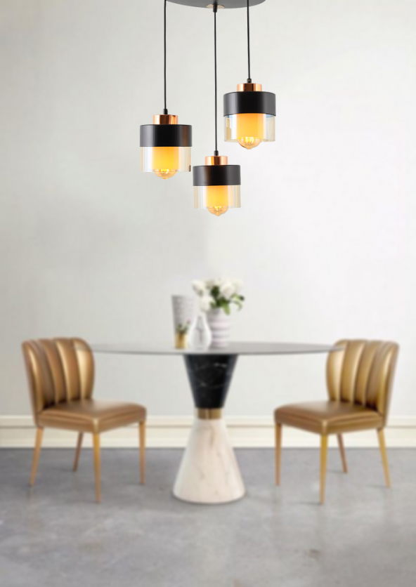 TT Aydınlatma TT202-3Y-SY  Siyah-Bakır 3 lü Yuvarlak Avize - Resim 2