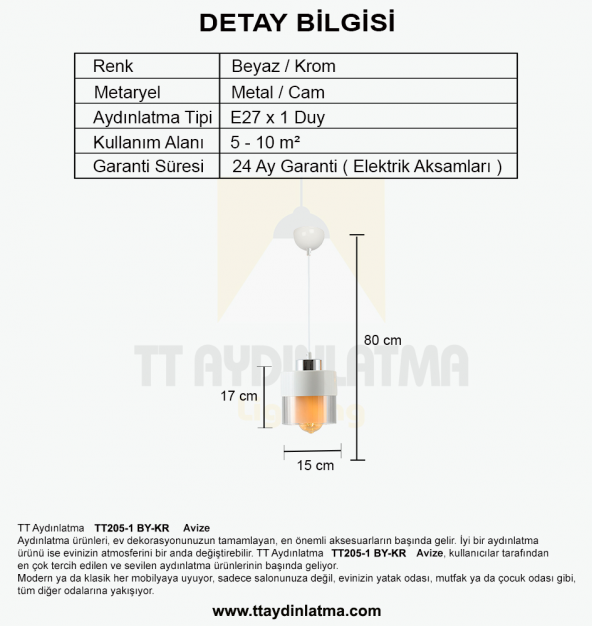TT Aydınlatma TT205-1-BY  Beyaz - Krom Tekli Avize - 3