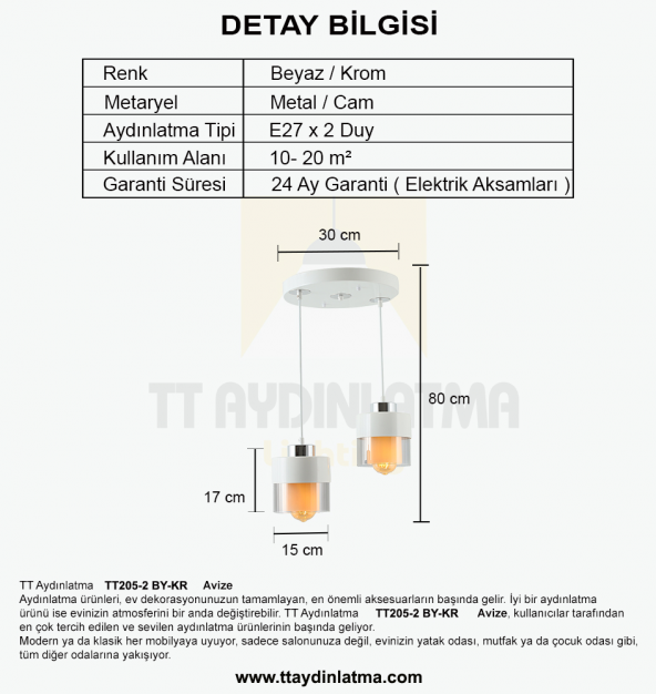 TT Aydınlatma TT205-2-BY  Beyaz - Krom 2 li Avize - 3