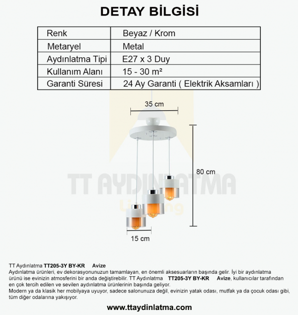 TT Aydınlatma TT205-3Y-BY  Beyaz - Krom 3 lü Yuvarlak Avize - 3
