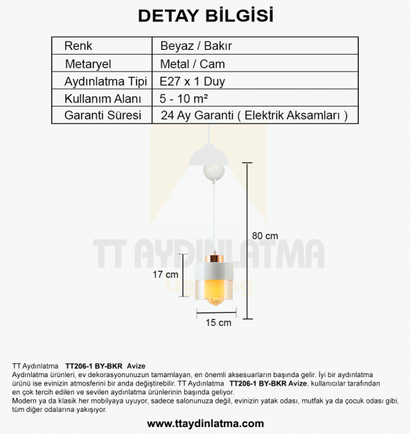 TT Aydınlatma TT206-1-BY  Beyaz - Bakır Tekli Avize - 3