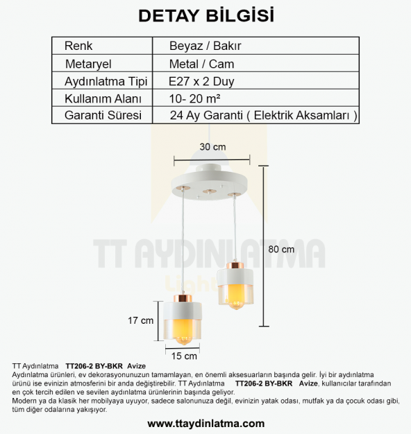 TT Aydınlatma TT206-2-BY  Beyaz - Bakır 2 li Avize - 3