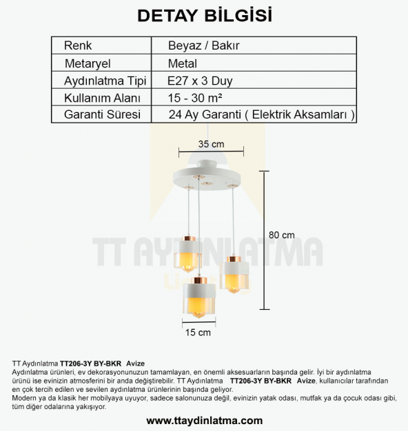 TT Aydınlatma TT206-3Y-BY  Beyaz - Bakır 3 lü Yuvarlak Avize - Resim 3