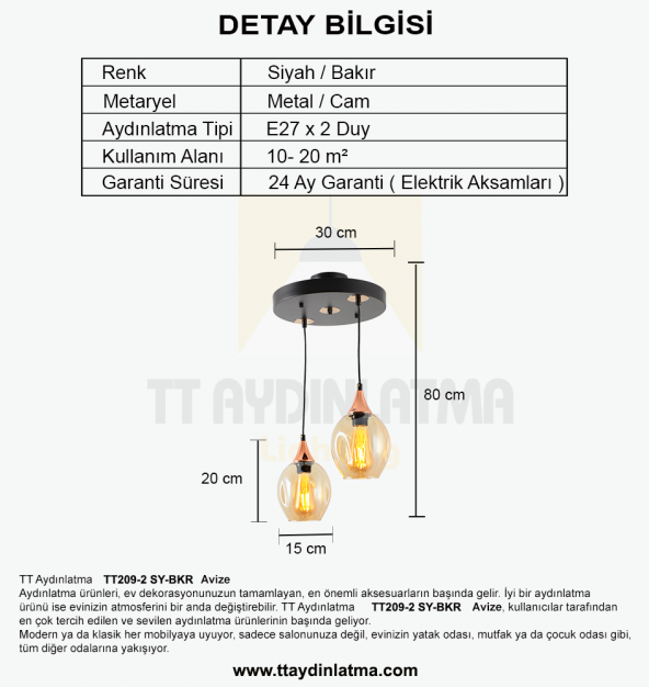 TT Aydınlatma TT209-2-SY  Basık Camlı Siyah - Bakır 2 li Avize - 3