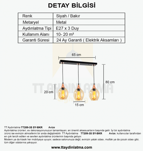 TT Aydınlatma TT209-3S-SY  Basık Camlı Siyah - Bakır 3 lü Sıralı Avize - Resim 3