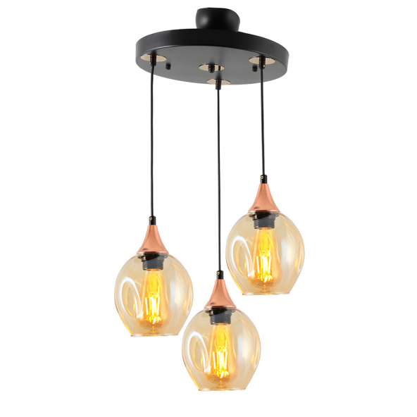 TT Aydınlatma TT209-3Y-SY  Basık Camlı Siyah - Bakır 3 lü Yuvarlak Avize ürün görseli 1