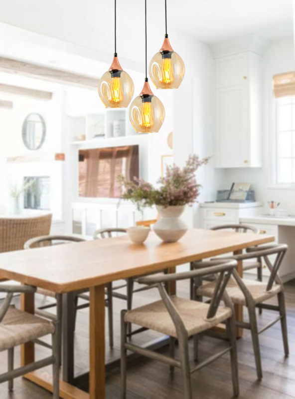 TT Aydınlatma TT209-3Y-SY  Basık Camlı Siyah - Bakır 3 lü Yuvarlak Avize - Resim 2