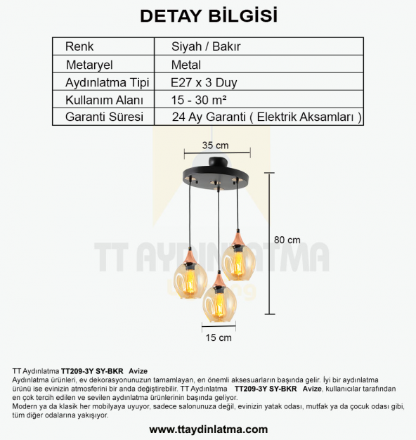 TT Aydınlatma TT209-3Y-SY  Basık Camlı Siyah - Bakır 3 lü Yuvarlak Avize - Resim 3