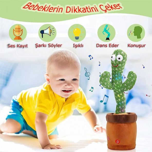 Dansçı Kaktüs USB Şarjlı Ses Taklidi Yapan Işıklı Konuşan Dans Eden Oyuncak Kaktüs - 5