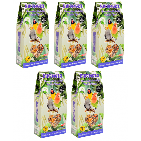 BirdMozz Premium Vitaminli Paraket Cennet Sultan Ve Sevda Kuşu Yemi 700 Gr x 5 Adet